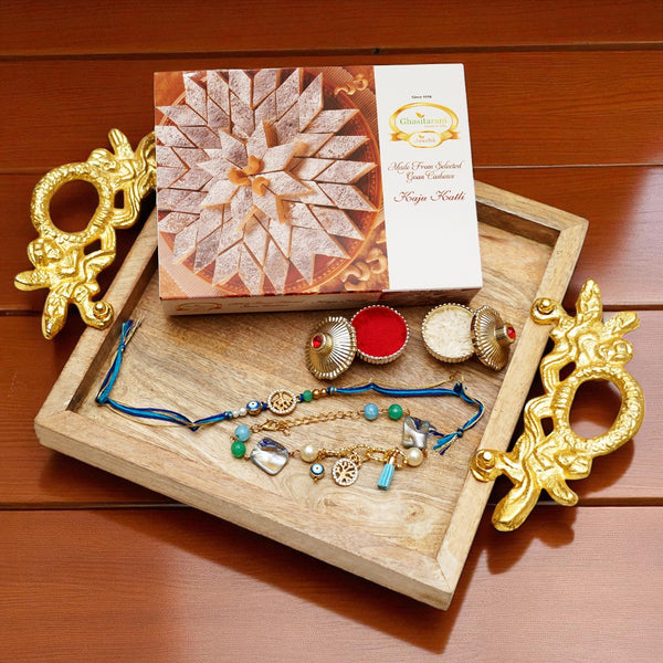 Square Wooden Tray with Rakhis and Kaju Katlis