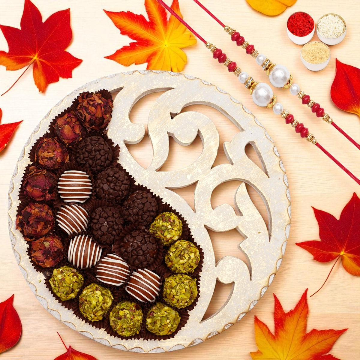 Rakhi Gifts-White Wooden Thali with Dryfruit Sweets with 2 rakhis