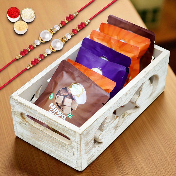 Rakhi Gifts-White Wooden tray of Assorted Bites Pouches with 2 rakhis