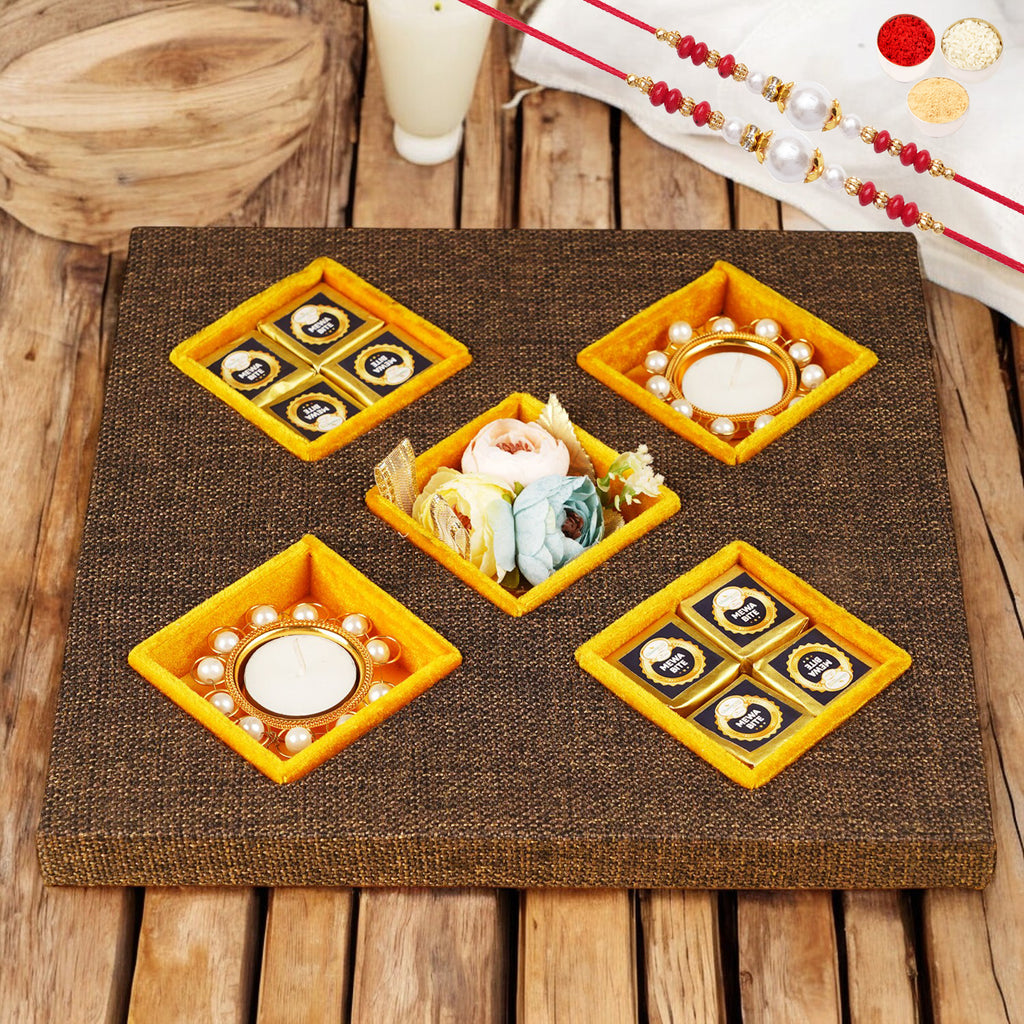 Rakhi Gifts-Jute 5 part tray with mewa bites with 2 rakhis
