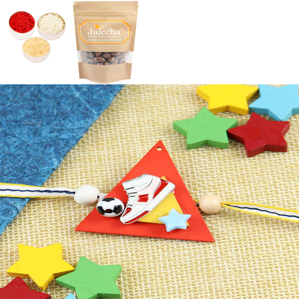 KR25-120-Sneaker With Football Kids Rakhi with Chocolate Coated Almonds 200 gms