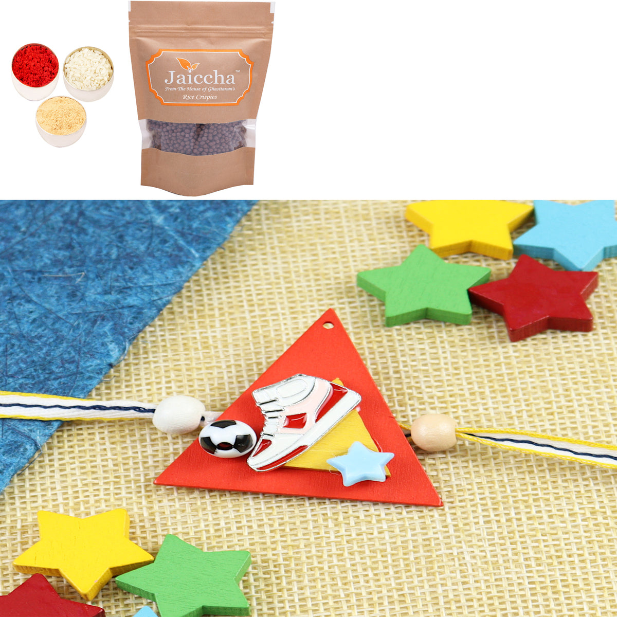 KR25-120-Sneaker With Football Kids Rakhi with Chocolate Coated Rice Crispies 200 gms