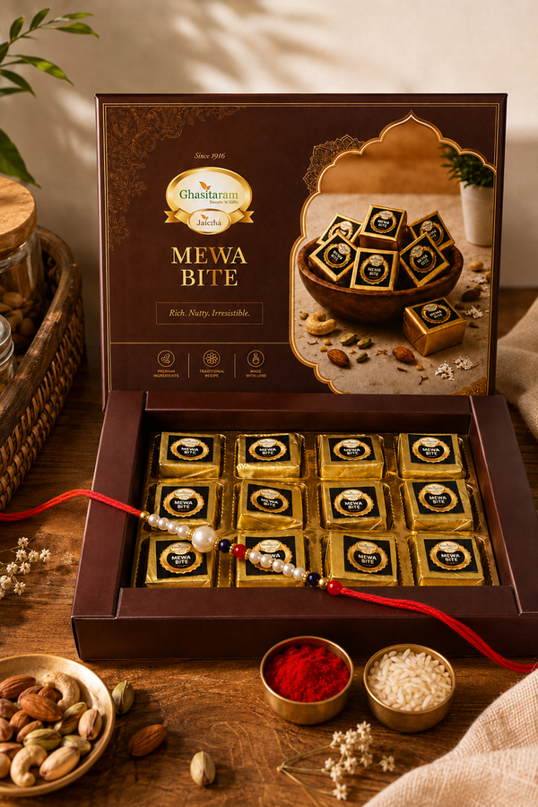 Ghasitaram Mewa Bites Box | Rakhi Gift Sweets with Pearl Beads Rakhi