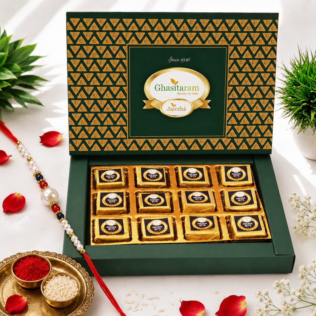 Ghasitaram Mewa Bites Box | Rakhi Gift Sweets with Pearl Beads Rakhi