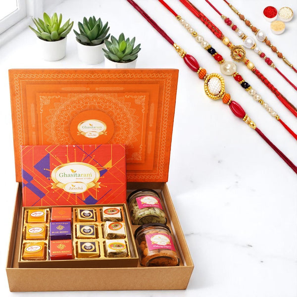 Orange Hamper Box with best bites,Crunchy Cashew and Flavour Raisins Jars with 5 rakhis