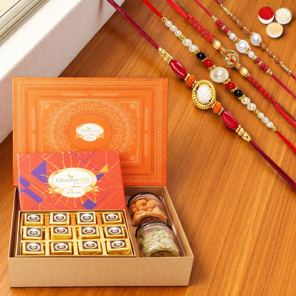 Orange Hamper Box of mewa bites,Crunchy Cashew and Flavour Raisins Jars with 5 rakhis