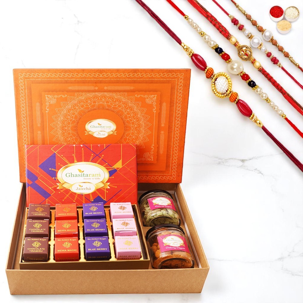 Orange Hamper Box with sugarfree mewa bites bites,Crunchy Cashew and Flavour Raisins Jar with 5 rakhis