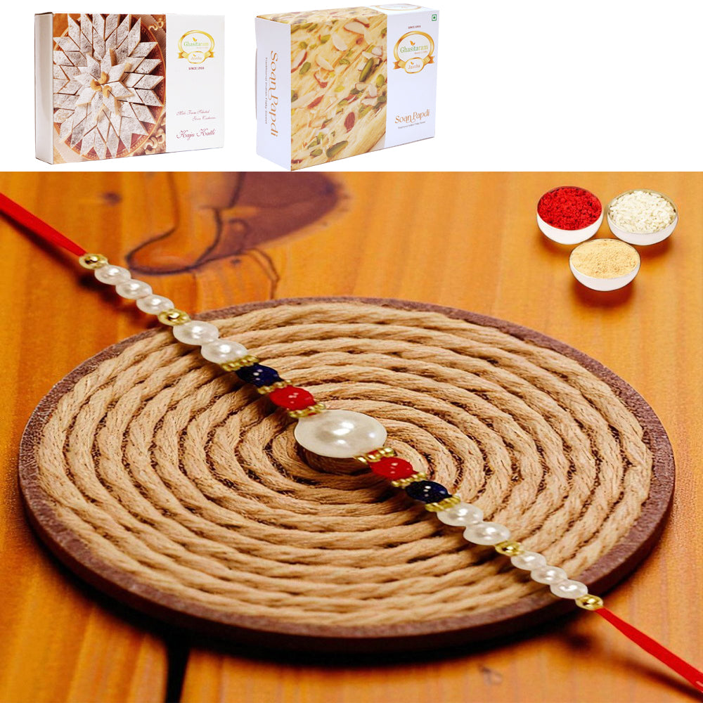 ABC-22 Pearl Beads Rakhi with 200 gms of Kaju katli and 200 gms of Soan Papdi