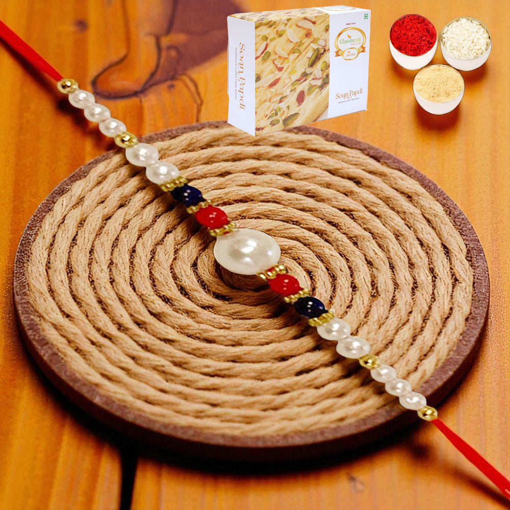 ABC-22 Pearl Beads Rakhi with 400 gms of Soan Papdi