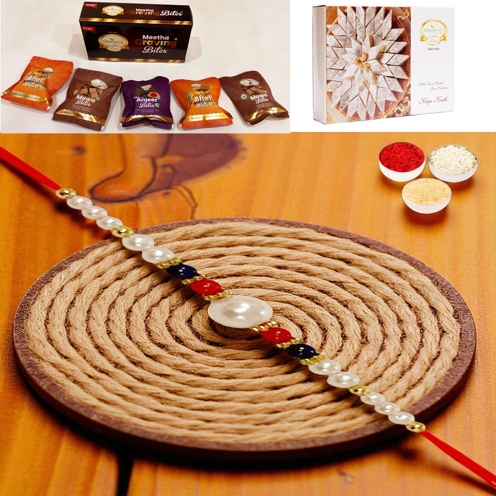 ABC-22 Pearl Beads Rakhi with Asorted bites box and 200 gms of Kaju katli