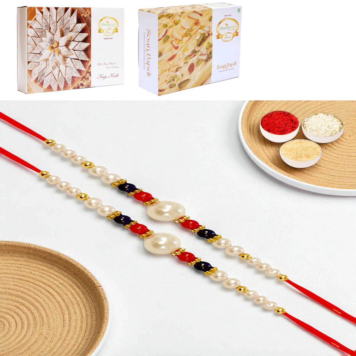 Set of 2 - ABC-22 Pearl Beads Rakhi with 200 gms of Kaju katli and 200 gms of Soan Papdi