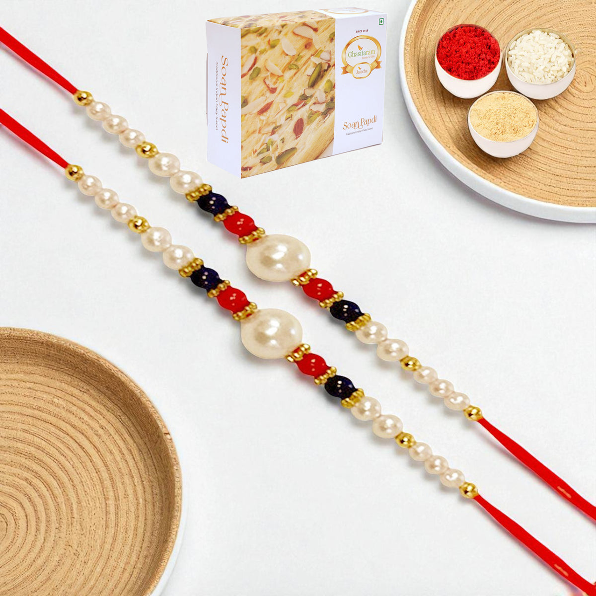 Set of 2 - ABC-22 Pearl Beads Rakhi with 400 gms of Soan Papdi