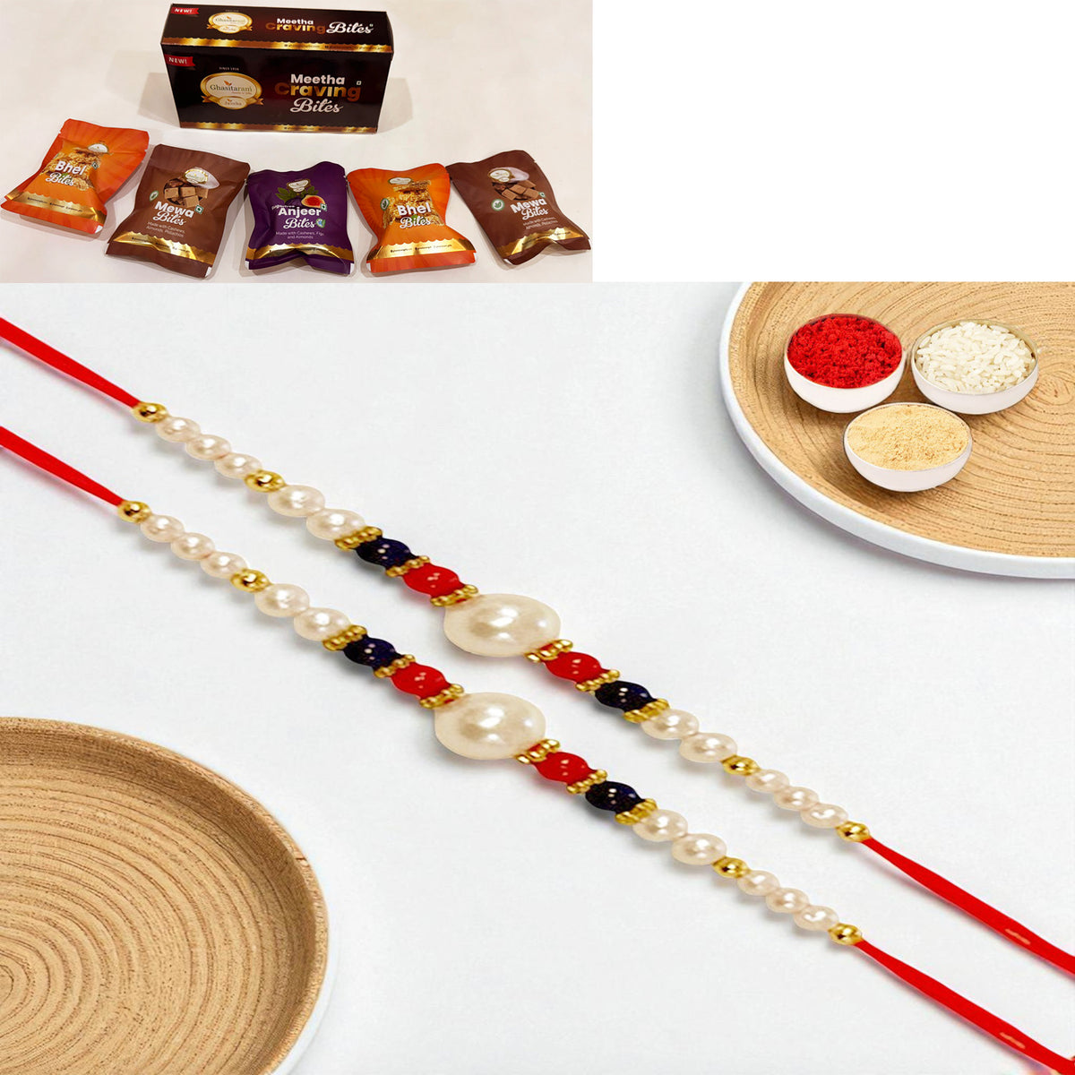 Set of 2 - ABC-22 Pearl Beads Rakhi with Asorted bites box