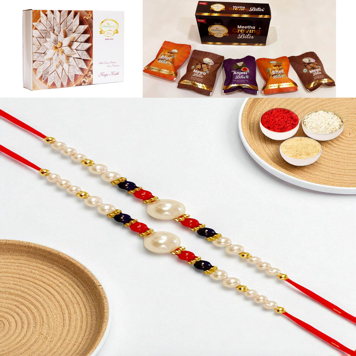 Set of 2 - ABC-22 Pearl Beads Rakhi with Asorted bites box and 200 gms of Kaju katli