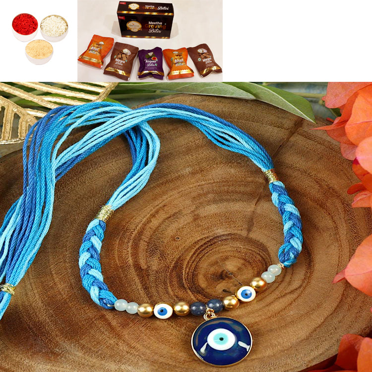 ST25-009-Evil Eye With Thread Weave Design Premium Rakhi  with Asorted bites box