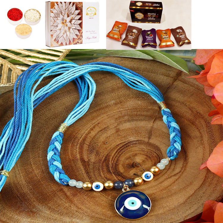 ST25-009-Evil Eye With Thread Weave Design Premium Rakhi  with Asorted bites box and 200 gms of Kaju katli