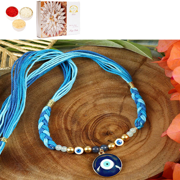 Rakhis Online USA-ST25-009-Evil Eye With Thread Weave Design Premium Rakhi  with 200 gms of Kaju katli