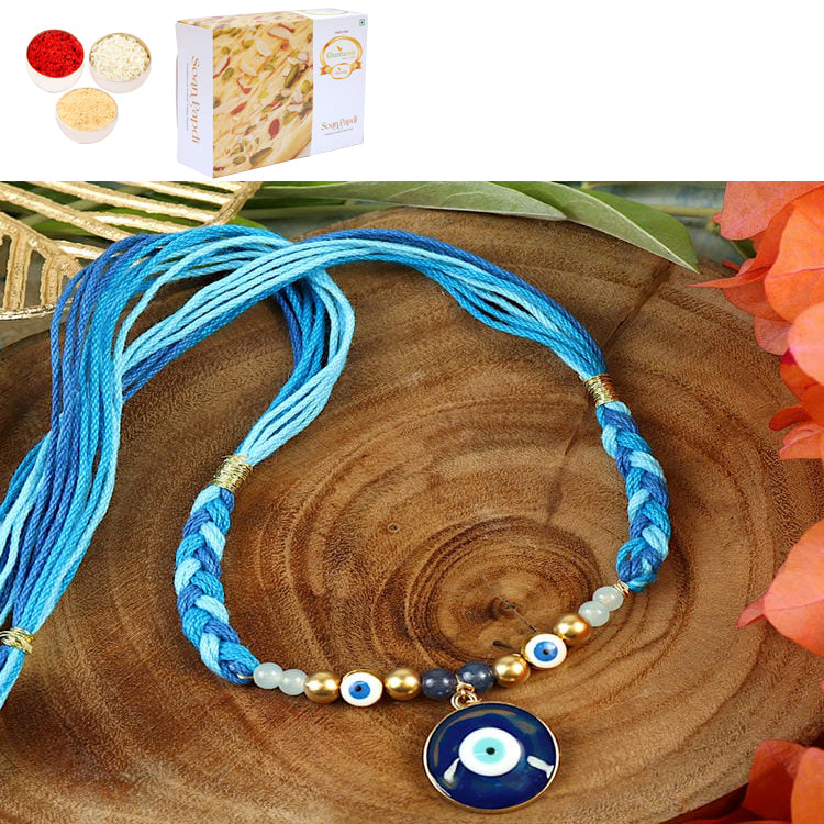 Rakhis Online UK-ST25-009-Evil Eye With Thread Weave Design Premium Rakhi  with 200 gms of Soan Papdi
