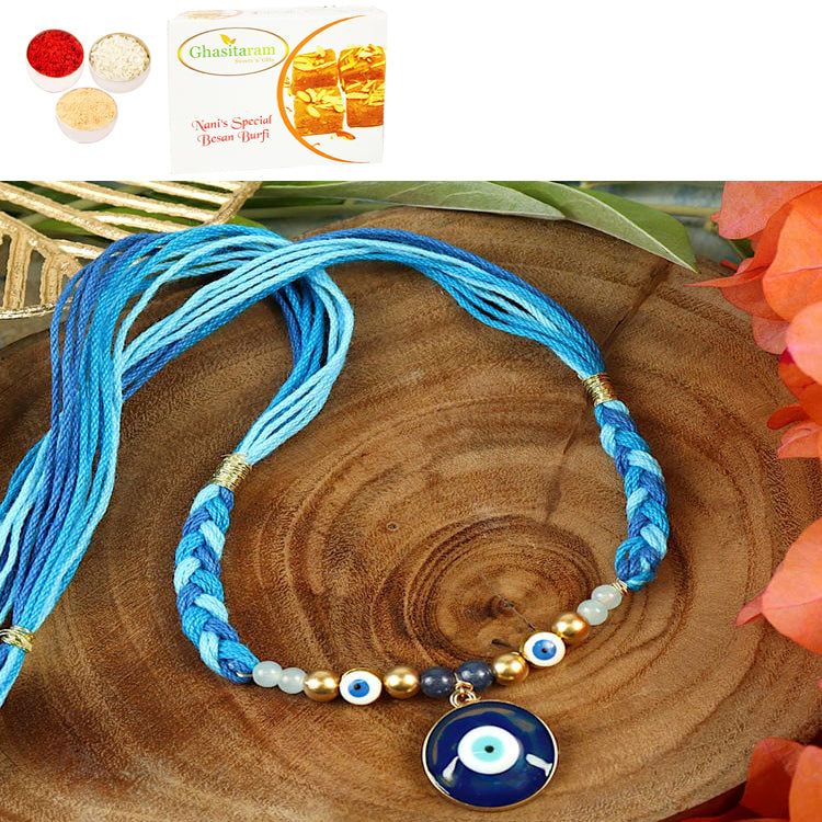 Rakhis Online USA-ST25-009-Evil Eye With Thread Weave Design Premium Rakhi  with 200 gms of Besan Barfi