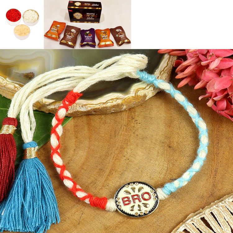 Rakhis Online Australia-ST25-038-BRO Thread Weave Pemium Rakhi  with Asorted bites box