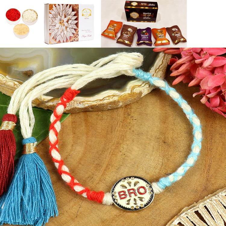 ST25-038-BRO Thread Weave Pemium Rakhi  with Asorted bites box and 200 gms of Kaju katli