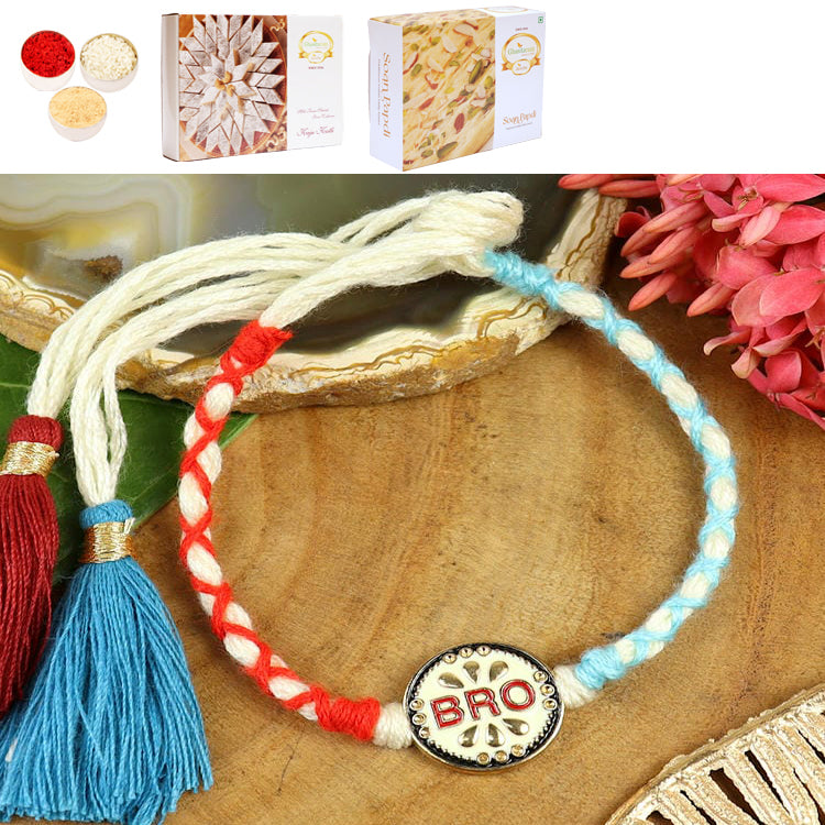 ST25-038-BRO Thread Weave Pemium Rakhi  with 200 gms of Kaju katli and 200 gms of Soan Papdi