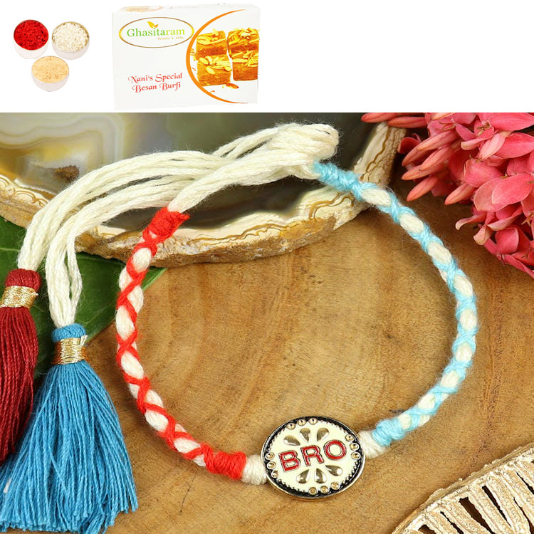Rakhis Online UK-ST25-038-BRO Thread Weave Pemium Rakhi  with 200 gms of Besan Barfi