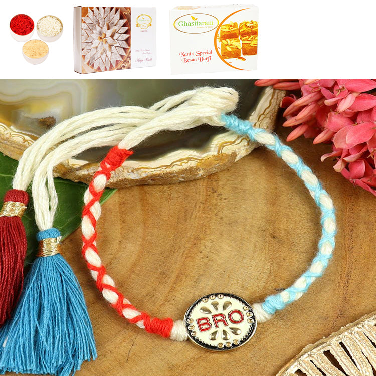 ST25-038-BRO Thread Weave Pemium Rakhi  with 200 gms of Besan Barfi and 200 gms of Kaju Katli