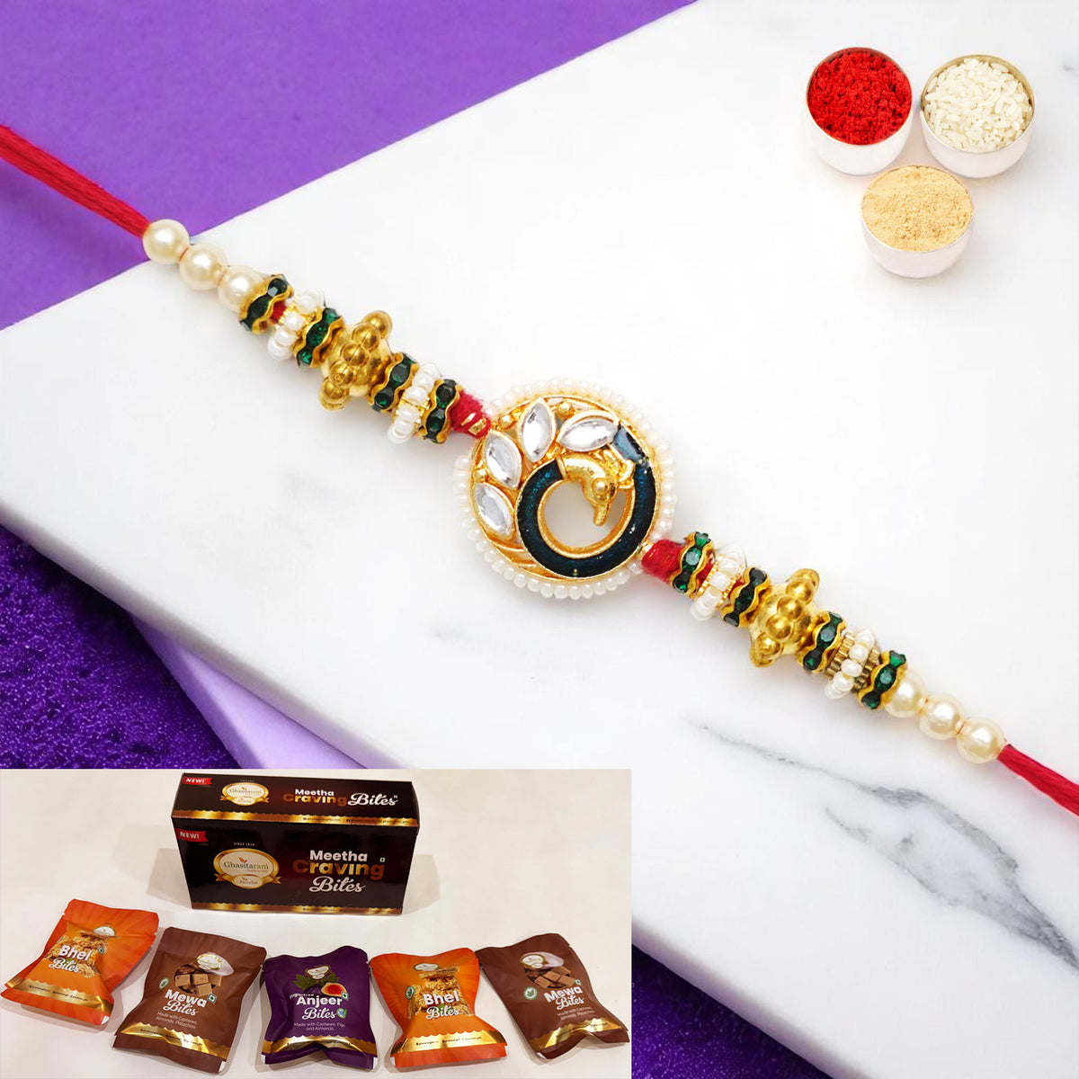 Rakhis Online UK-Bu-43 Premium Rakhi with Asorted bites box