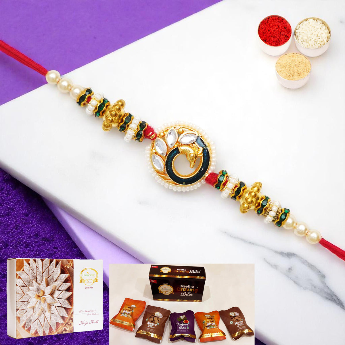 Bu-43 Premium Rakhi with Asorted bites box and 200 gms of Kaju katli