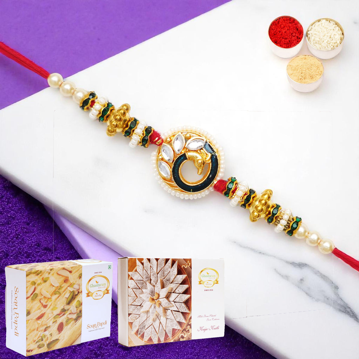 Bu-43 Premium Rakhi with 200 gms of Kaju katli and 200 gms of Soan Papdi