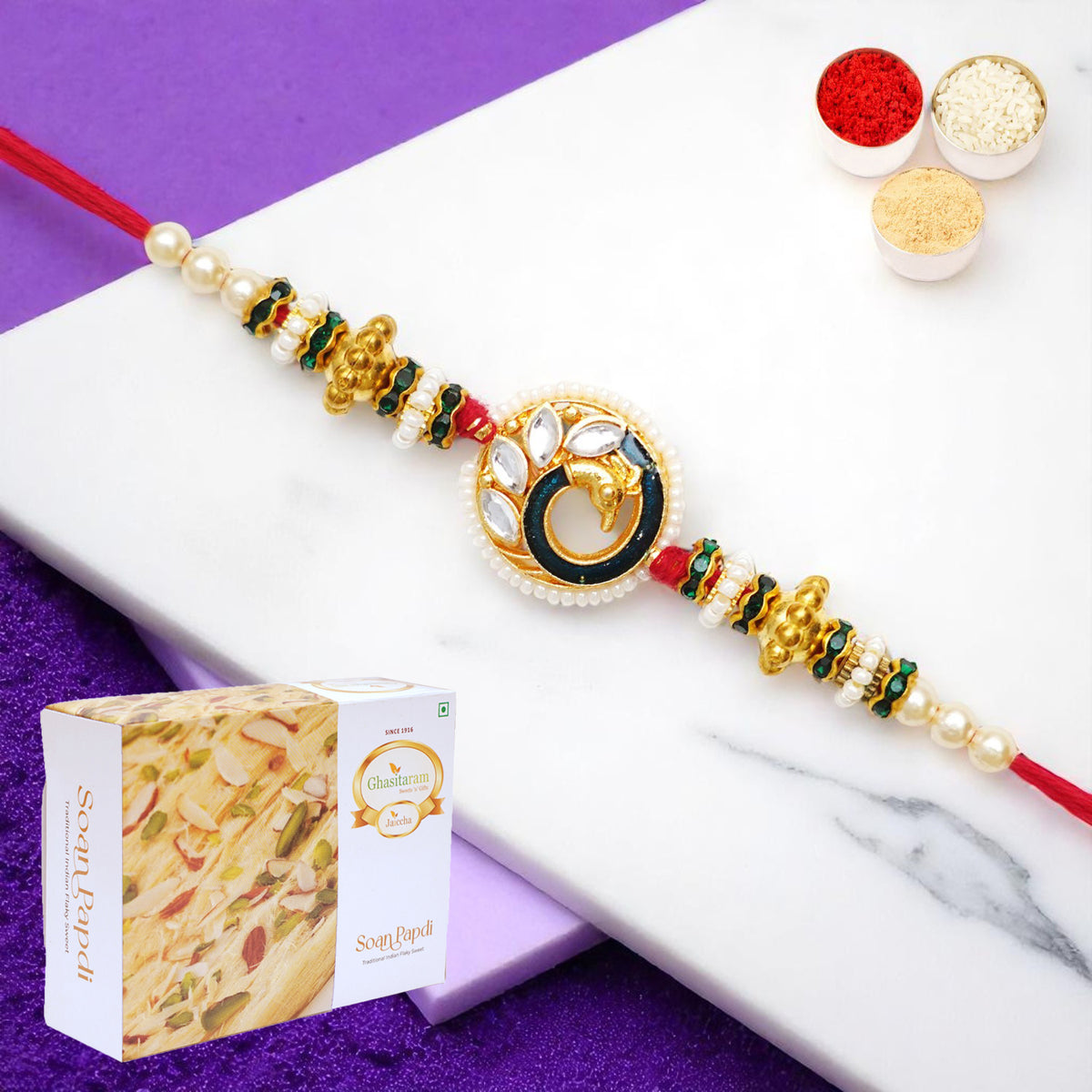 Bu-43 Premium Rakhi with 400 gms of Soan Papdi