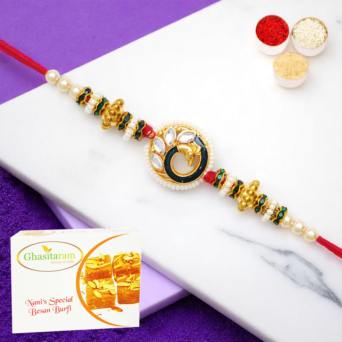 Rakhis Online Australia-Bu-43 Premium Rakhi with 200 gms of Besan Barfi