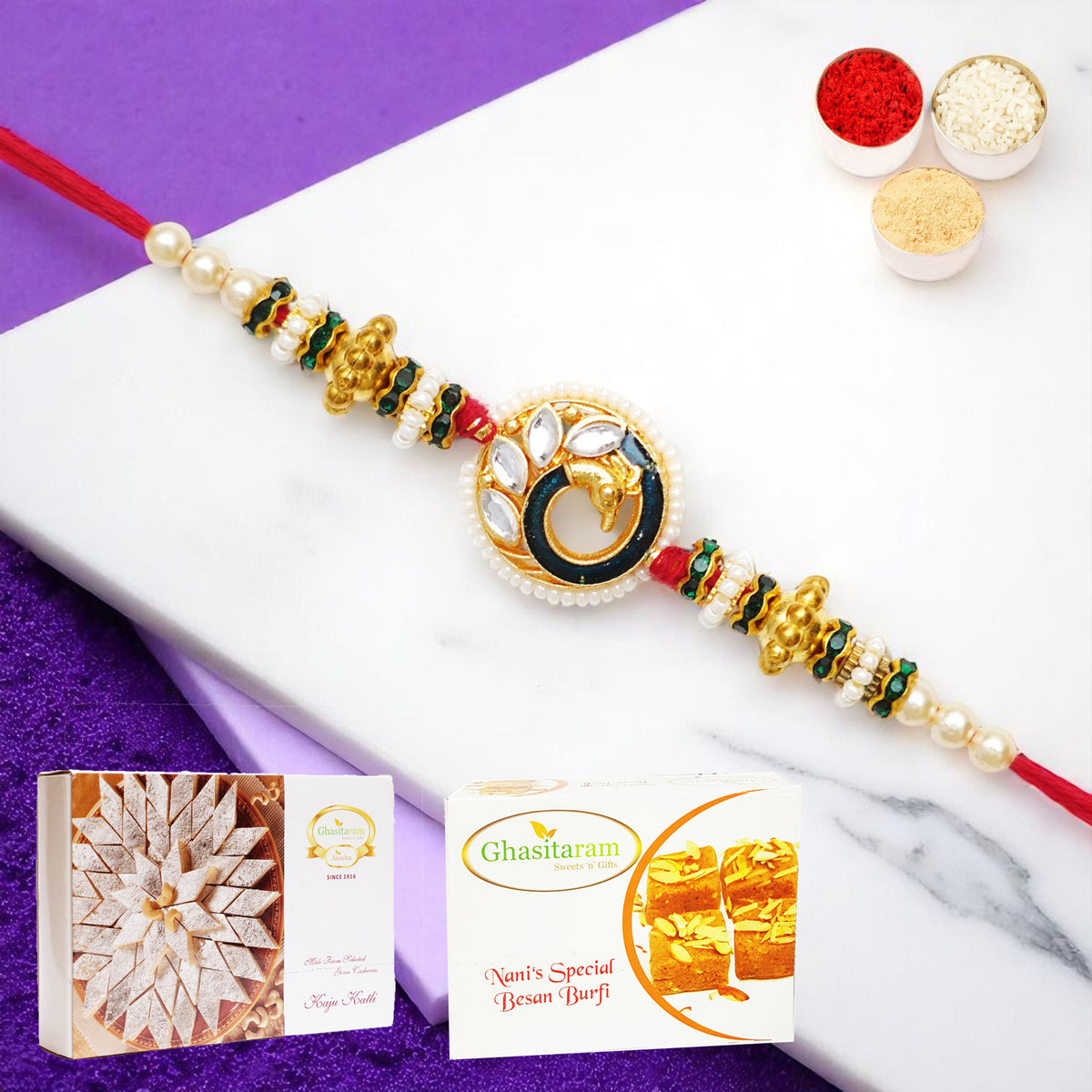 Bu-43 Premium Rakhi with 200 gms of Besan Barfi and 200 gms of Kaju Katli