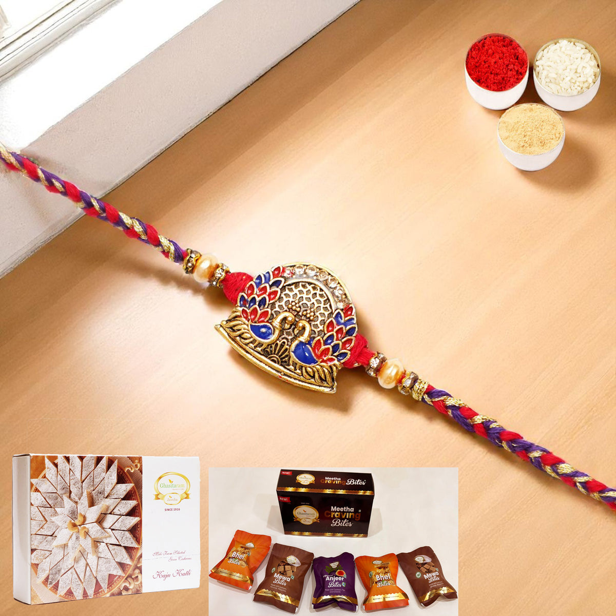 K-178 Premium Rakhi with Asorted bites box and 200 gms of Kaju katli