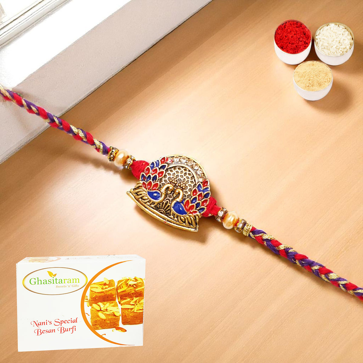 Rakhis Online USA-K-178 Premium Rakhi with 200 gms of Besan Barfi