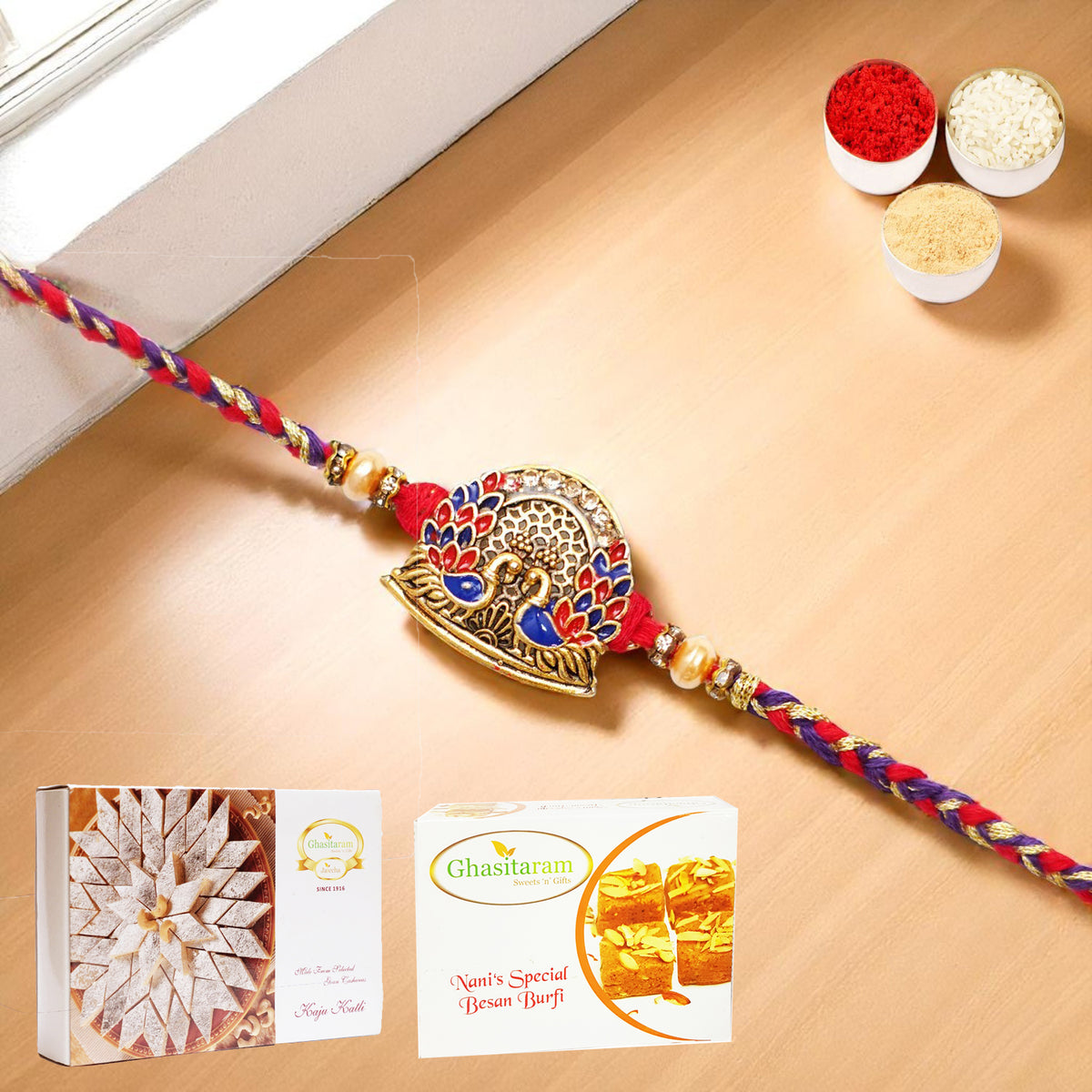 K-178 Premium Rakhi with 200 gms of Besan Barfi and 200 gms of Kaju Katli