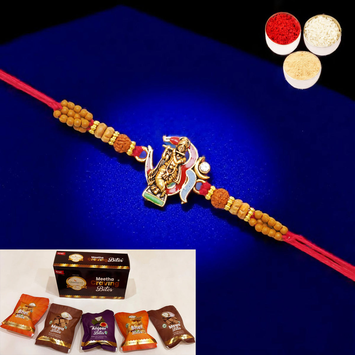 Rakhis Online USA-K-23 Om Krishna Premium Rakhi with Asorted bites box