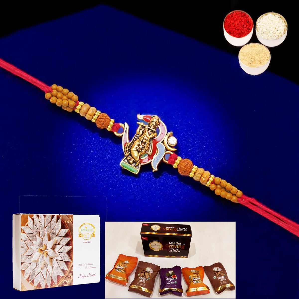 K-23 Om Krishna Premium Rakhi with Asorted bites box and 200 gms of Kaju katli