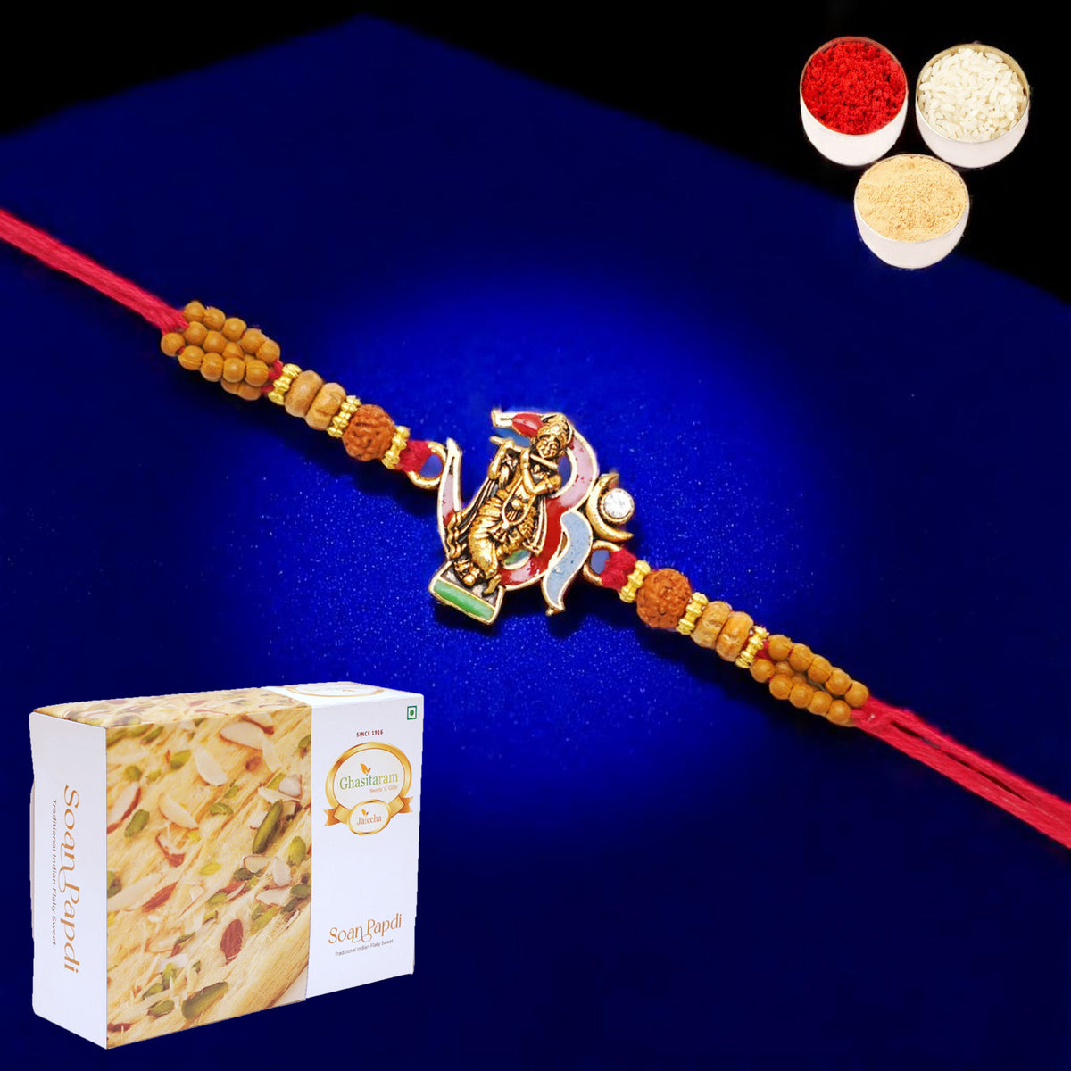 Rakhis Online UK-K-23 Om Krishna Premium Rakhi with 200 gms of Soan Papdi