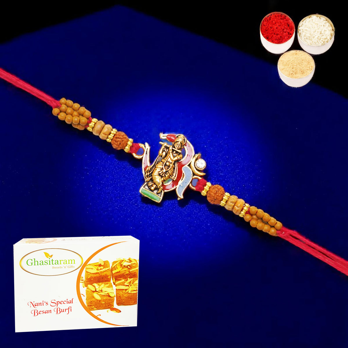 Rakhis Online Australia-K-23 Om Krishna Premium Rakhi with 200 gms of Besan Barfi