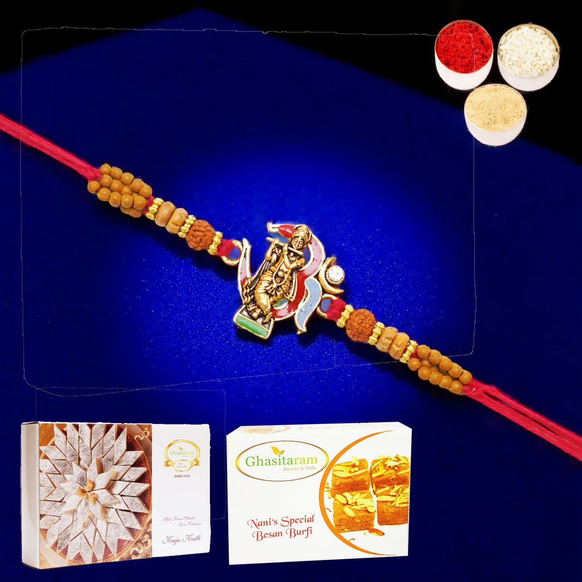 K-23 Om Krishna Premium Rakhi with 200 gms of Besan Barfi and 200 gms of Kaju Katli