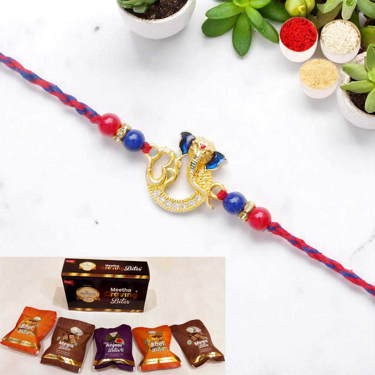 Rakhis Online USA-Om Ganesha Premium Rakhi- K-47 with Asorted bites box