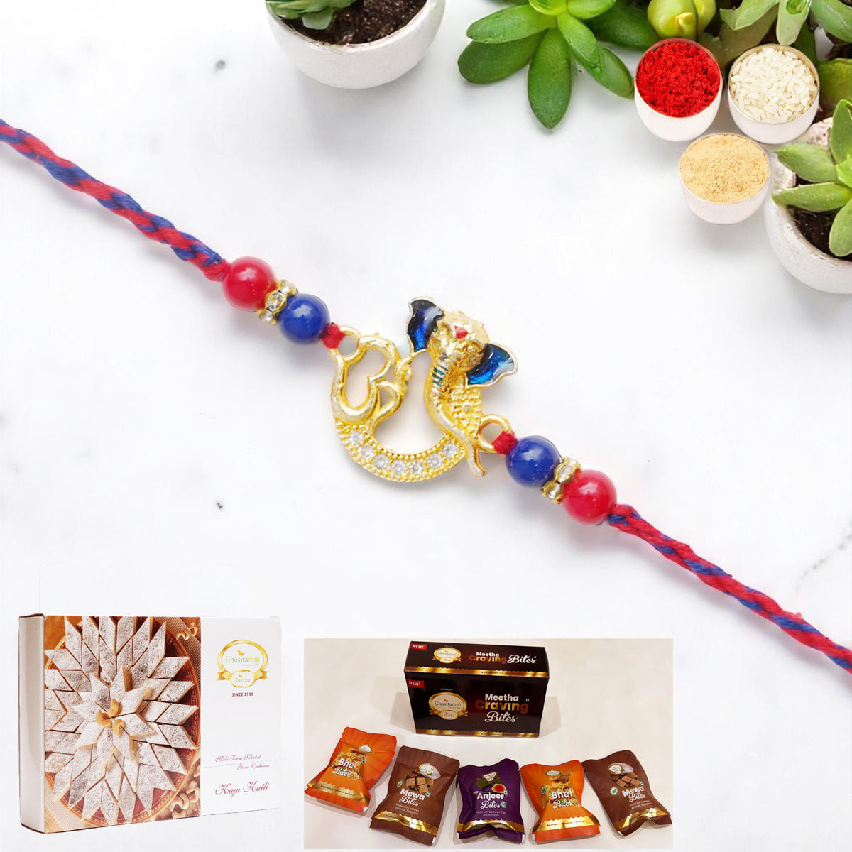 Om Ganesha Premium Rakhi- K-47 with Asorted bites box and 200 gms of Kaju katli