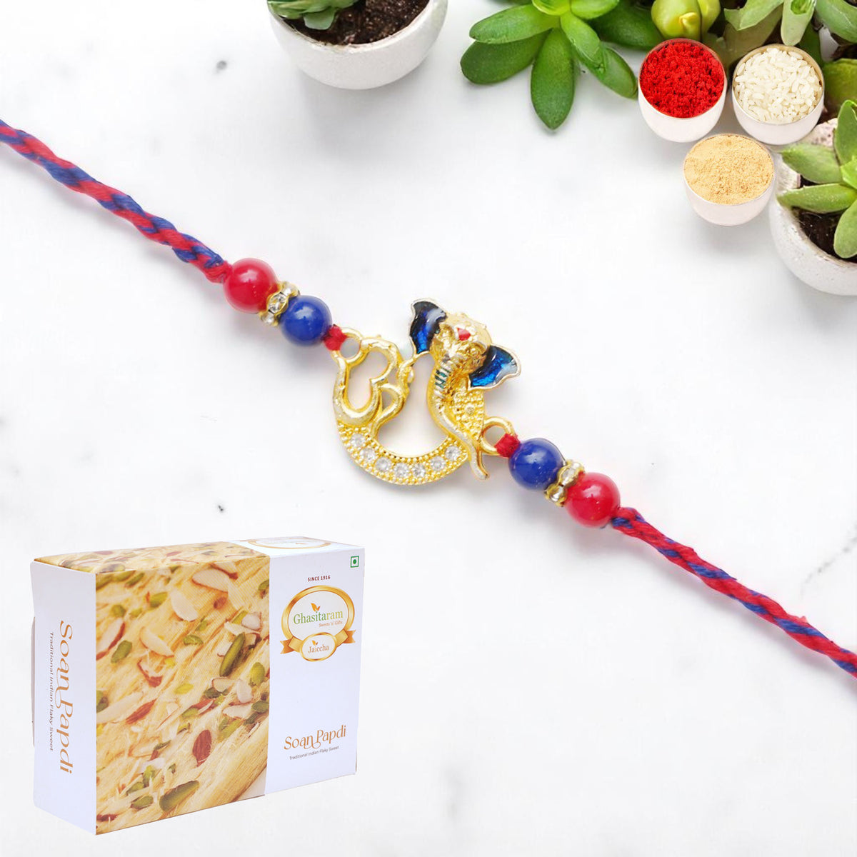 Om Ganesha Premium Rakhi- K-47 with 400 gms of Soan Papdi