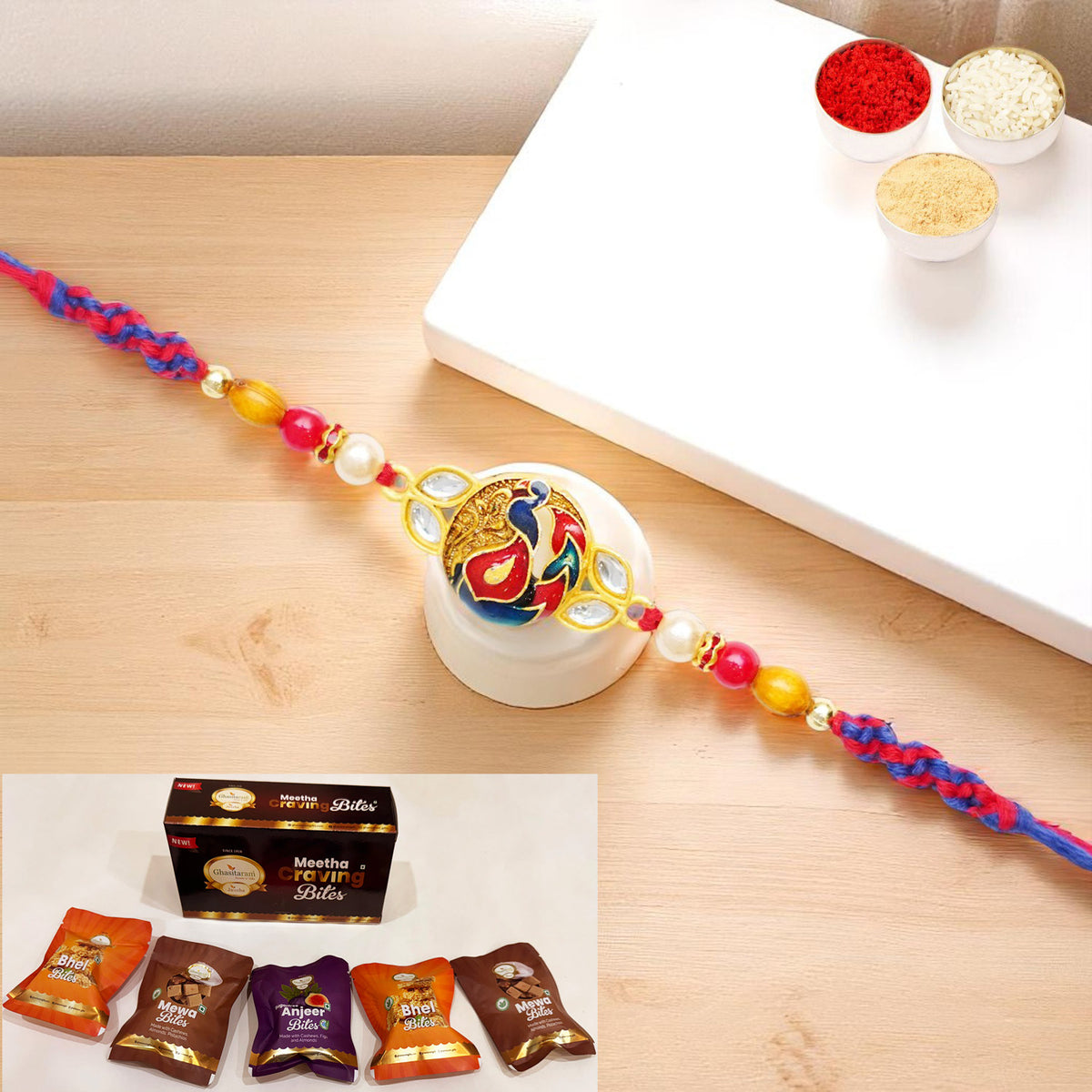 K-73 Premium Rakhi with Asorted bites box