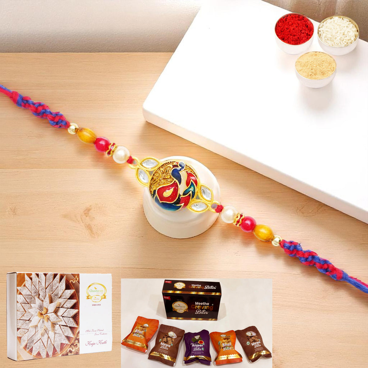 K-73 Premium Rakhi with Asorted bites box and 200 gms of Kaju katli