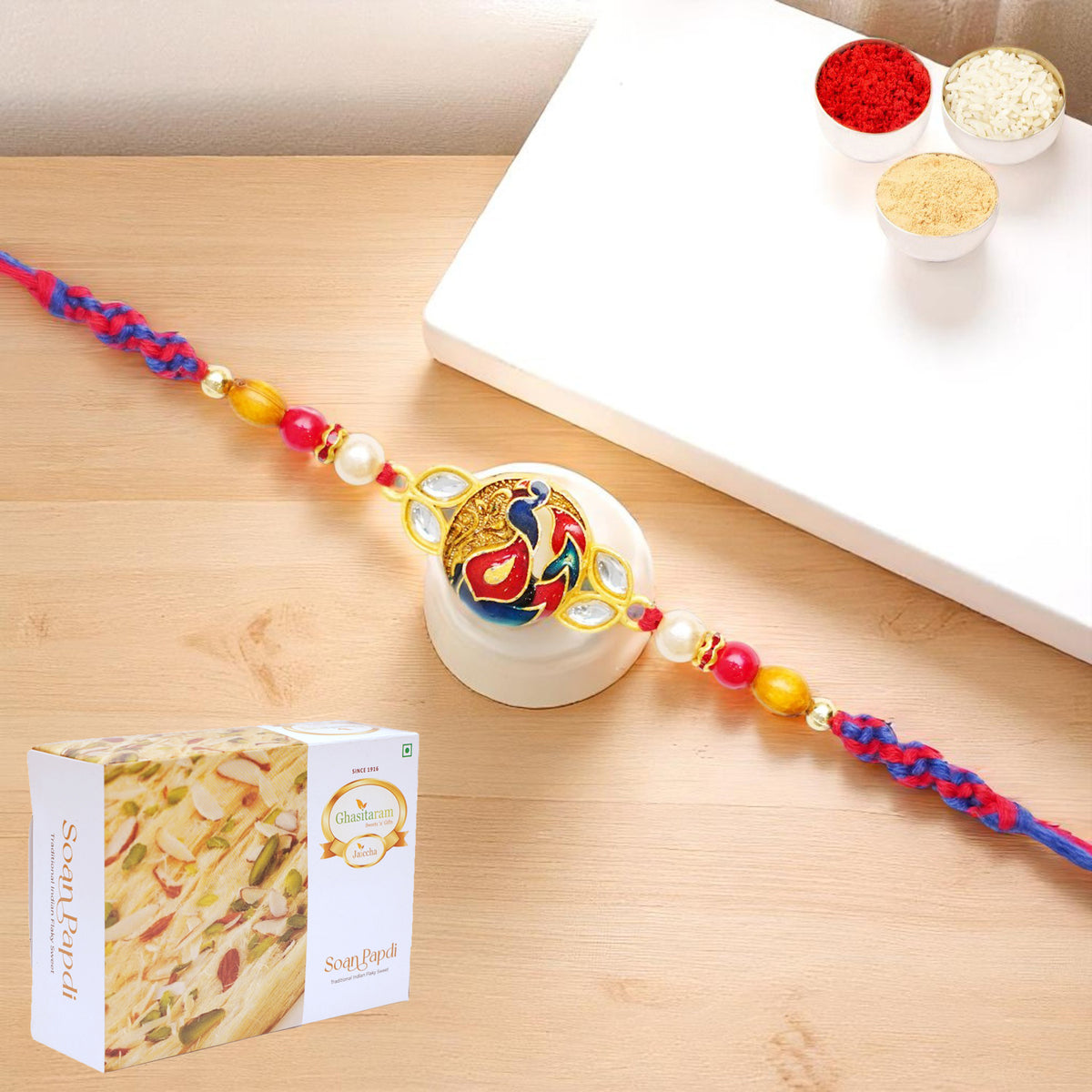 Rakhis Online USA-K-73 Premium Rakhi with 200 gms of Soan Papdi
