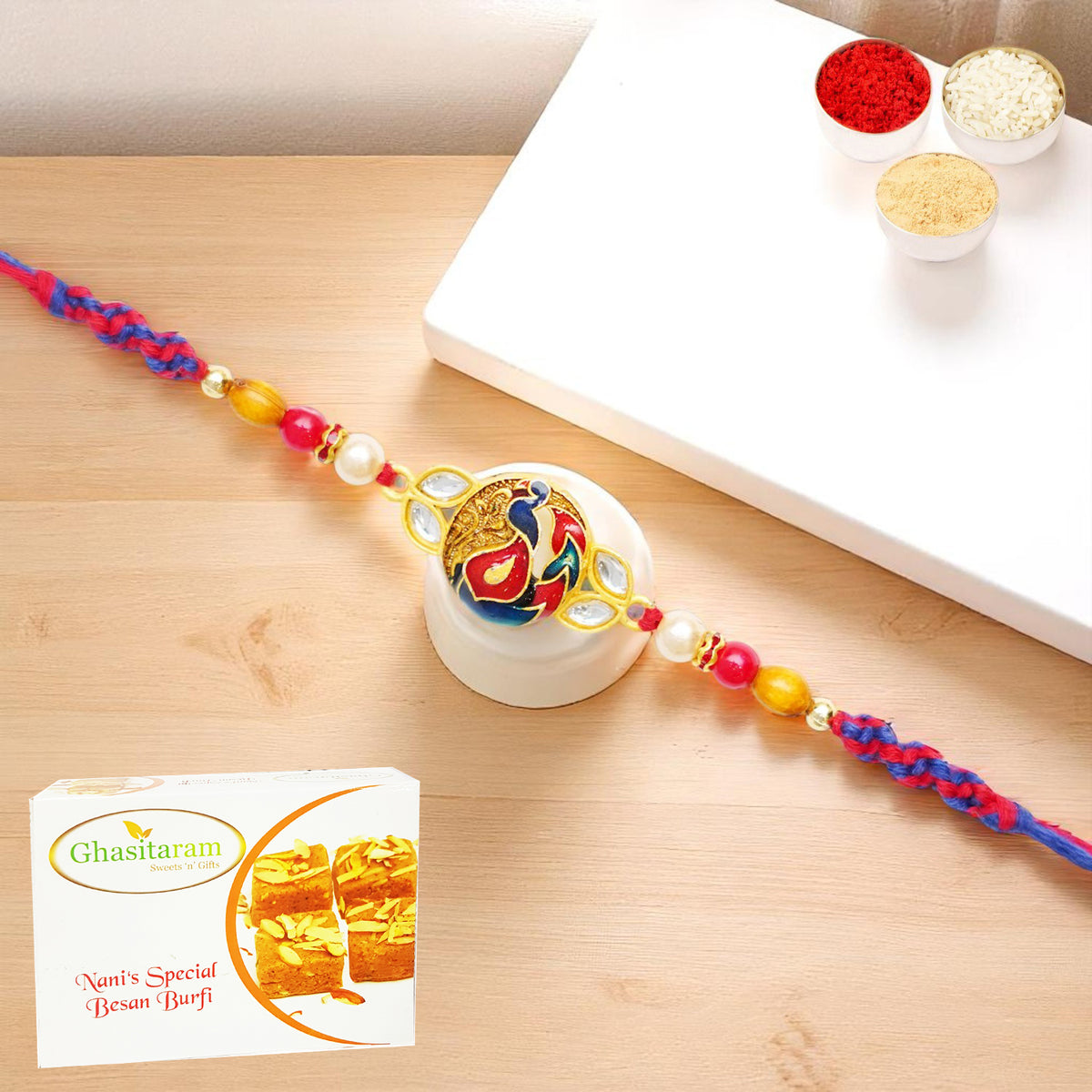 Rakhis Online UK-K-73 Premium Rakhi with 200 gms of Besan Barfi