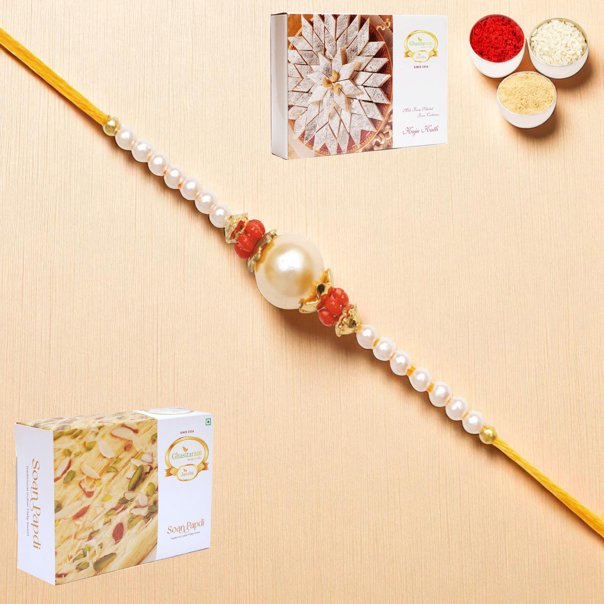 Y-34 Pearl rakhi with 200 gms of Kaju katli and 200 gms of Soan Papdi